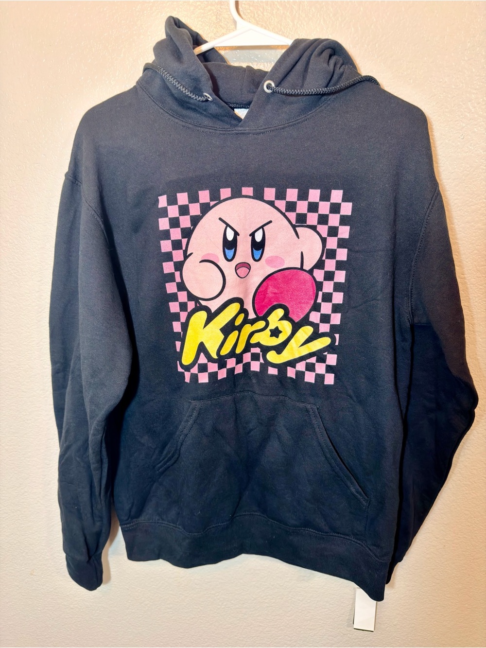 Kirby Nintendo Men’s Hoodie Small Black Pink Checkered Graphic NWT